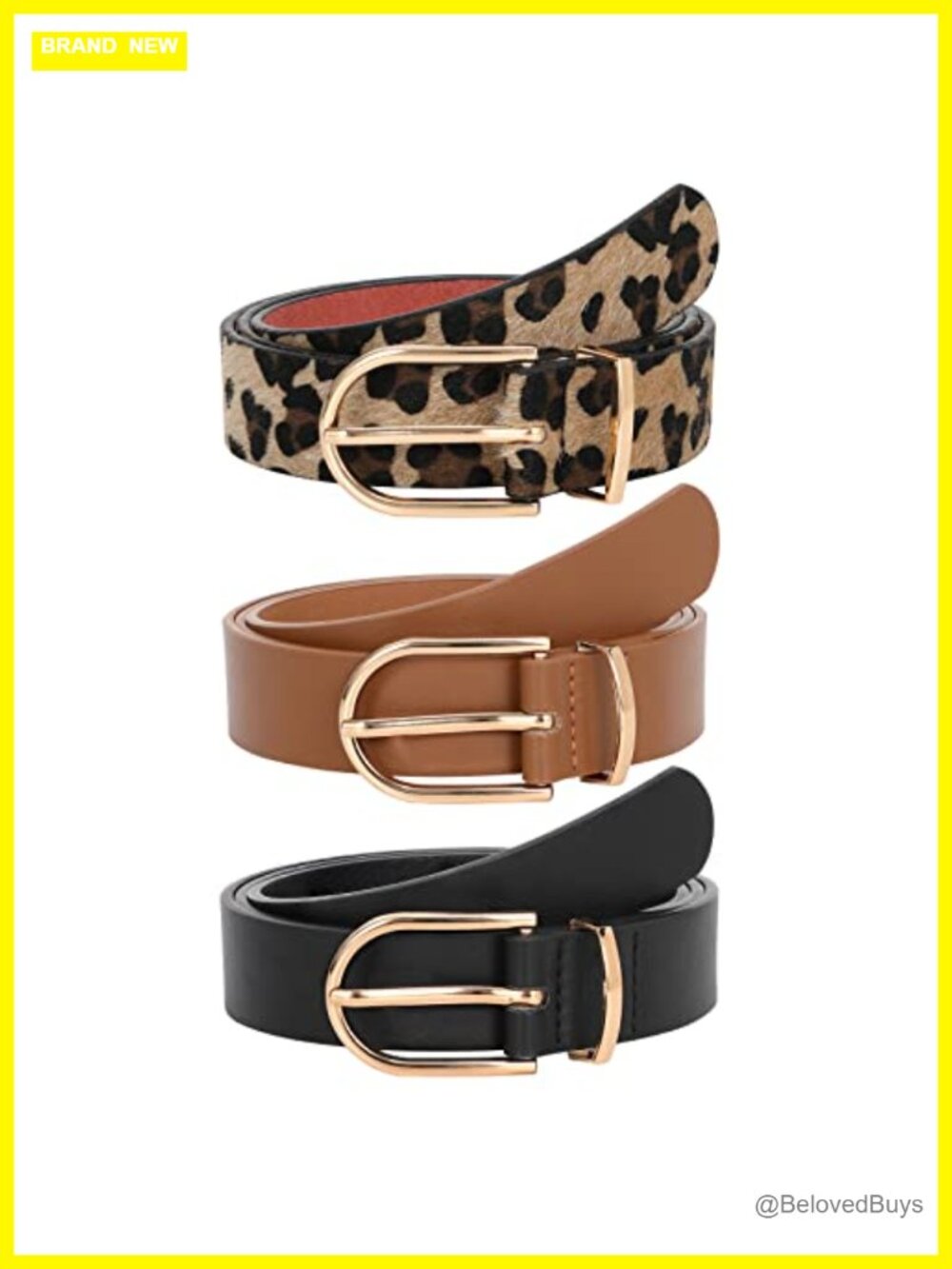 Women's Faux Leather Belt with Gold Buckle, Adjustable Waist Belt for Jeans, PU